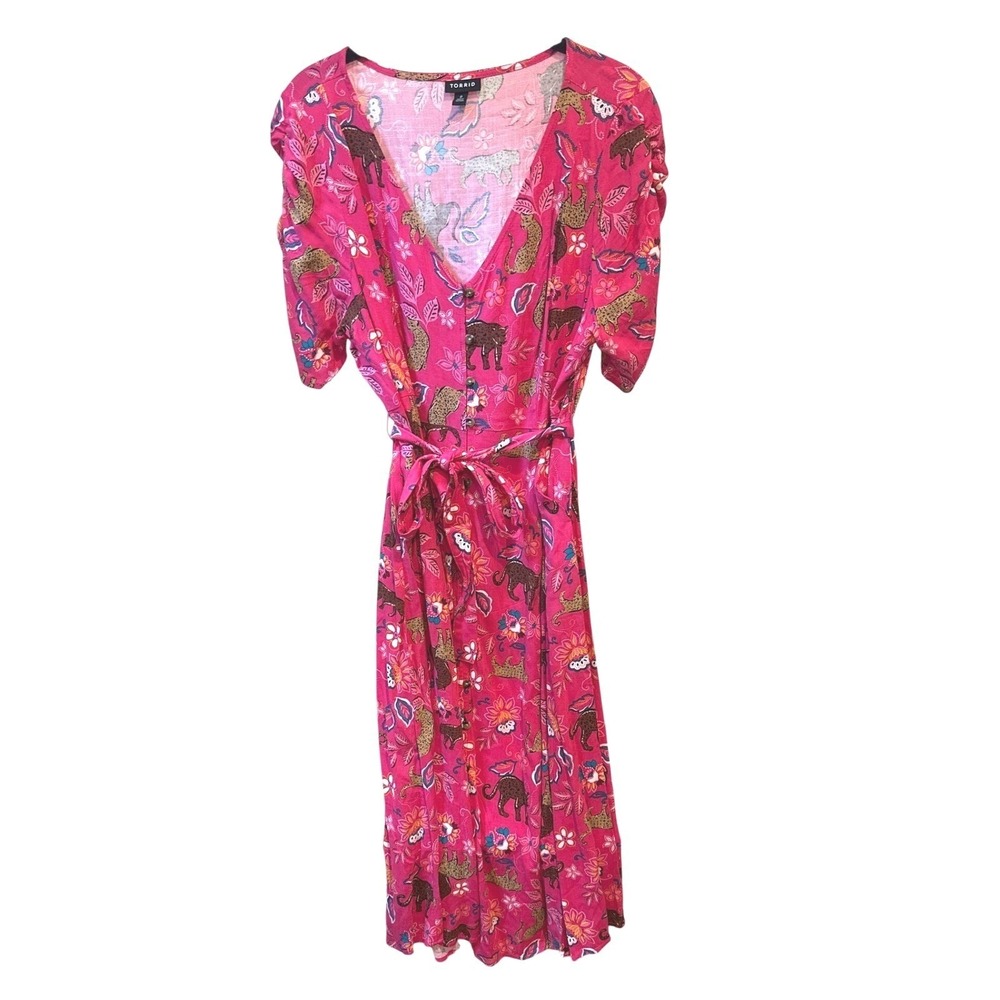 Torrid Pink Leopard Floral Midi Dress Size 0X Button Front Pockets Cottagecore - Picture 5 of 7
